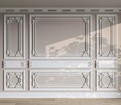 Elegant White Wainscoting Wall Design With Carved Panel Details And Decorative Frames 3d model