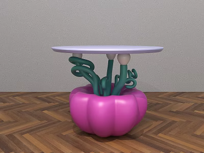 Coffee Table With Pink Pumpkin Shaped Base Green Curved Supports And White Round Top 3d model