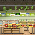 Bright Fruit Store Interior With Fresh Fruits Display Shelves And Green Plants