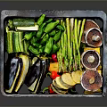 Assorted Fresh Vegetables on a Tray Including Asparagus Bell Peppers and Mushrooms