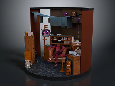 Scenic Miniature Landscape Scene With Red Chair Globe Hanging Fabric And Wooden Crates 3d model