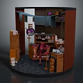 Scenic Miniature Landscape Scene With Red Chair Globe Hanging Fabric And Wooden Crates