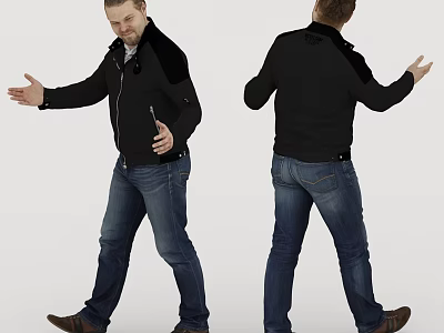 Black Jacket With Zipper Front And Back View On Man In Jeans Brown Shoes 3d model
