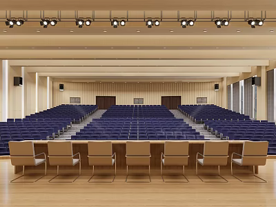 Spacious Conference Room Interior With Blue Seats Brown Chairs And Wooden Floor 3d model