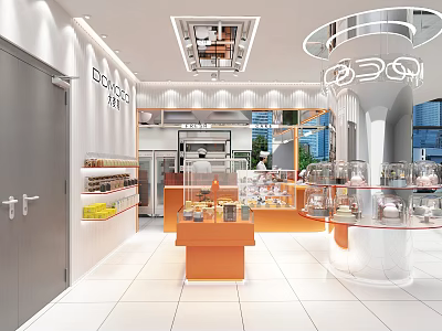 Modern Dessert Shop Interior With Glass Display Cases Orange Counter And Bright Lighting 3d model