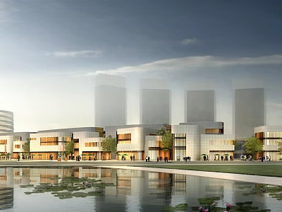 Elegant Modern Commercial Street With Scenic Water Pond Lush Trees And Stylish Buildings 3d model