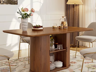 Wooden Dining Table Set With Light Gray Chairs Gold Legs Flower Vase And Fruit Bowl 3d model