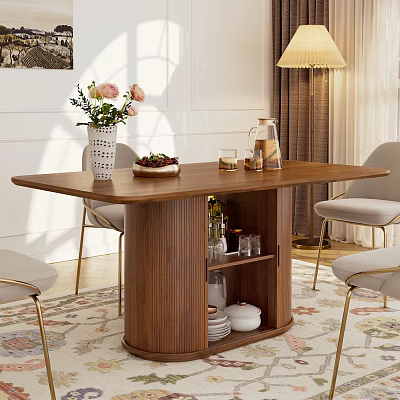 Wooden Dining Table Set With Light Gray Chairs Gold Legs Flower Vase And Fruit Bowl 3d model