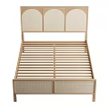 Minimalist Wooden Double Bed With Arched Rattan Headboard And Slatted Frame