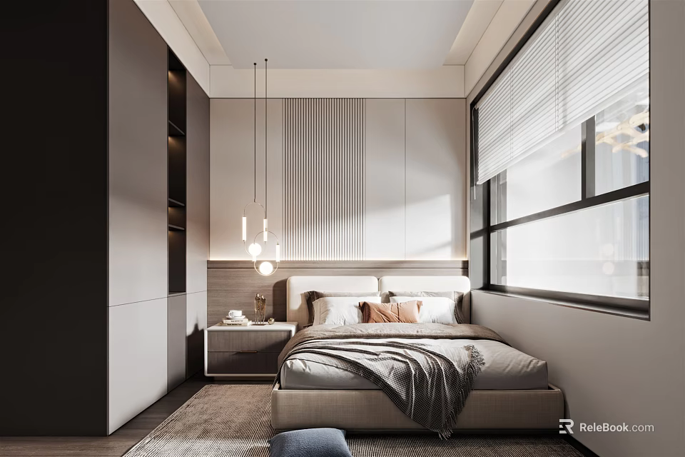 Modern Bedroom Interior With Cozy Bed Decorative Pillows Nightstand And Pendant Lights 3d model 