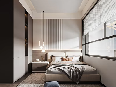 Modern Bedroom Interior With Cozy Bed Decorative Pillows Nightstand And Pendant Lights 3d model