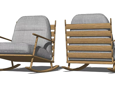 Modern Wooden Rocking Chair With Gray Cushion And Slatted Back Design 3d model