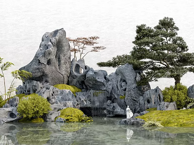 Traditional Chinese Garden Landscape With Rock Formations Pine Tree Pond And White Statue 3d model