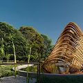 Modern Wooden Curved Pergola With Water Reflection Green Trees And Blue Sky