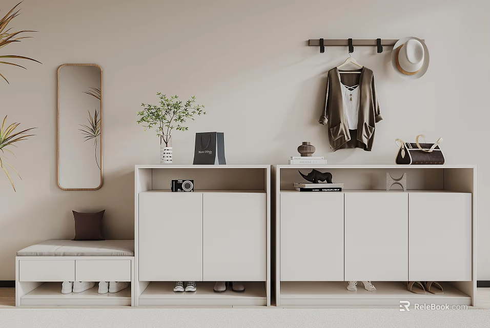 Modern White Shoe Cabinet With Hanging Rack Mirror Bench And Potted Plant 3d model 