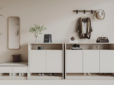 Modern White Shoe Cabinet With Hanging Rack Mirror Bench And Potted Plant 3d model