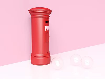 Red Commercial Postbox with Classic Design on Pink Background and Transparent Spheres 3d model