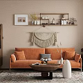 Hanging Potted Plants And Large Greenery On Orange Wall With Wooden Shelves And White Refrigerator