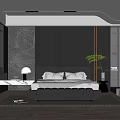 Modern Bedroom Interior With Black Bed Stone Accent Wall And Green Plant