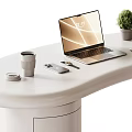 Modern White Curved Desk with Laptop Plant Books Coffee Cup Pen Mouse Drawers and Chair