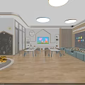 Bright Kindergarten Classroom Interior With Colorful Tables Chairs Toy Shelves And Soft Seating
