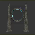 Mystical Stone Sculpture With Two Pointed Pillars And Illuminated Blue Ring 3d model