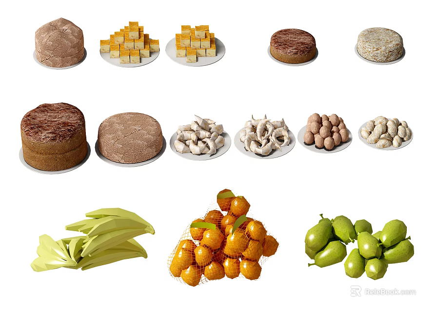 Diverse Collection of Fresh Food Including Meat Cakes Fruits and Various Pastry Items 3d model 