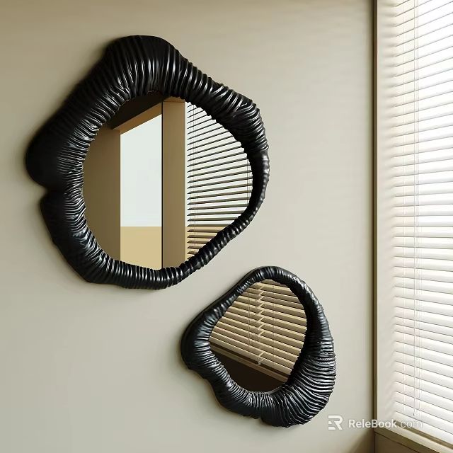 Two Black Woven Irregular Mirrors Decorative Ornament Set Mounted on Wall with Window Blinds 3d model