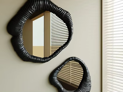 Two Black Woven Irregular Mirrors Decorative Ornament Set Mounted on Wall with Window Blinds 3d model