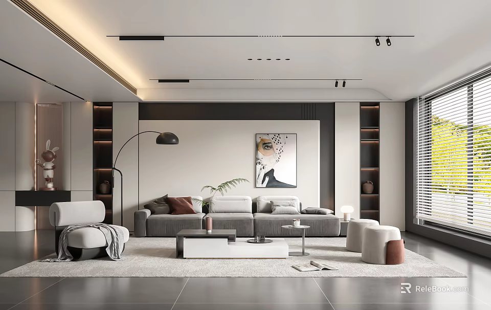 Modern Living Room Interior With Grey Sofa Floor Lamp And Decorative Painting 3d model 