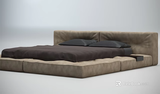 Modern Double Bed with Beige Headboard Dark Mattress and Pillows 3d model 