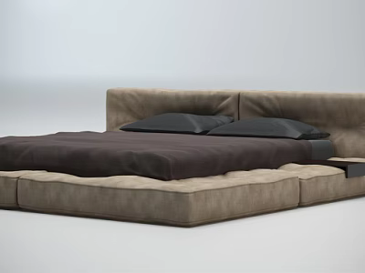 Modern Double Bed with Beige Headboard Dark Mattress and Pillows 3d model