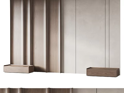 Modern Bedroom Accent Wall Design With Wooden Panels And Built In Shelves 3d model