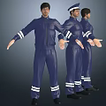 Men in Blue Uniforms With White Reflective Stripes Different Poses Arms Outstretched