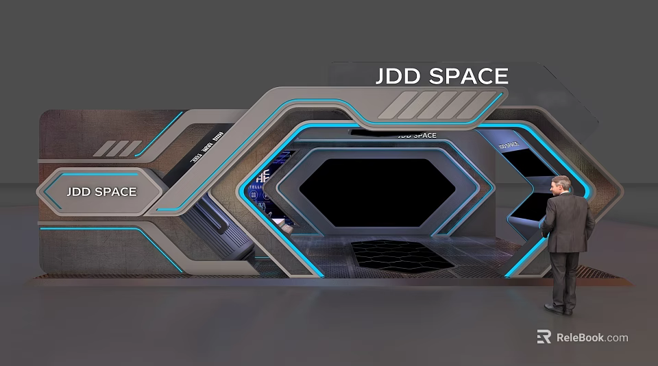 JDD SPACE Futuristic Exhibition Entrance With Hexagonal Design And Blue Lighting 3d model 