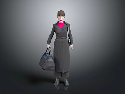 Stylish Woman Wearing Long Dark Coat Pink Turtleneck Hat And Handbag Standing Against Gray Background 3d model