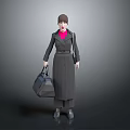 Stylish Woman Wearing Long Dark Coat Pink Turtleneck Hat And Handbag Standing Against Gray Background