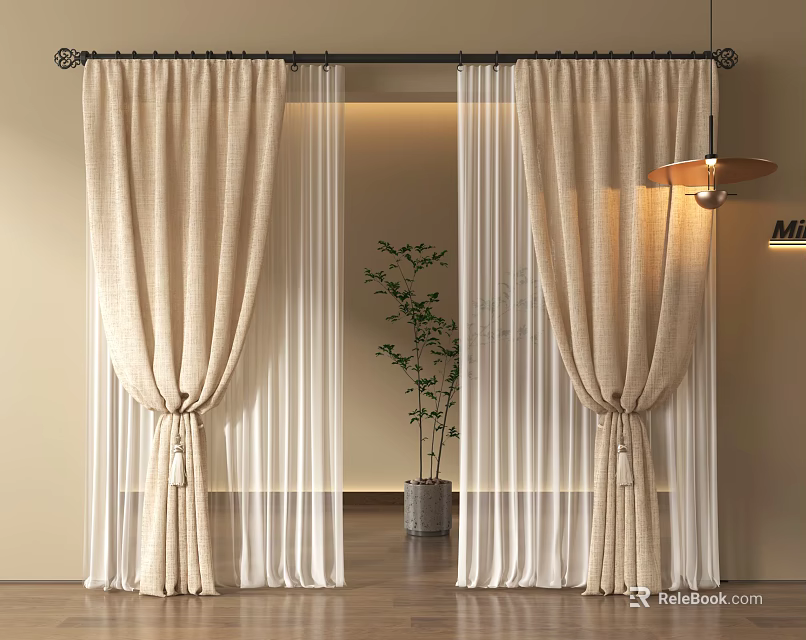 Modern Beige Linen Curtains With Sheer Layer Green Plant And Warm Light On Wooden Floor 3d model 