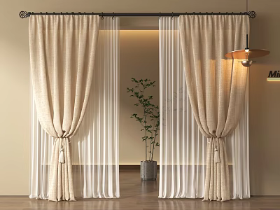 Modern Beige Linen Curtains With Sheer Layer Green Plant And Warm Light On Wooden Floor 3d model