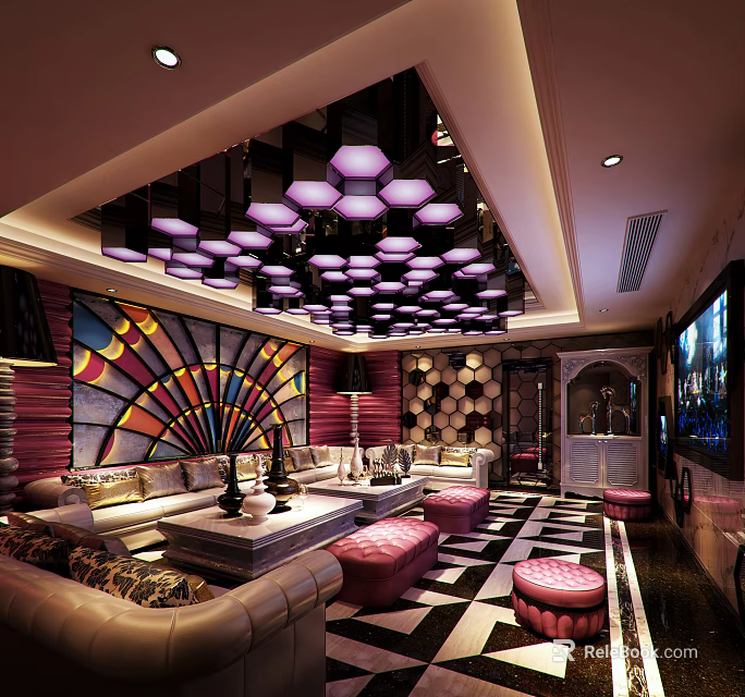 Elegant KTV Interior Design With Purple Pendant Lights Colorful Wall And Sofas 3d model 