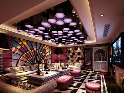 Elegant KTV Interior Design With Purple Pendant Lights Colorful Wall And Sofas 3d model