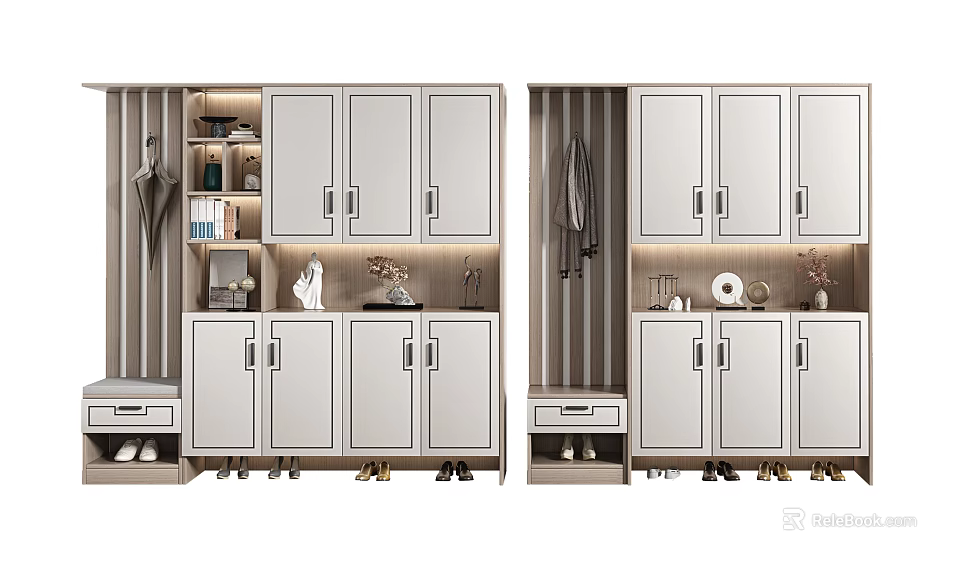 Modern Shoe Cabinet Design With Multiple Doors Drawers Hooks And Decorative Items 3d model