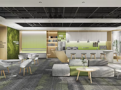 Modern Tea Room Interior With Comfortable Seating Bar Counter And Green Plants 3d model