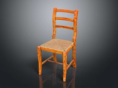 Simple Wooden Leisure Chair With Slatted Back Woven Seat And Sturdy Legs 3d model