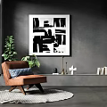 Modern Single Sofa Interior With Black White Abstract Painting Green Plant And Blue Cushion