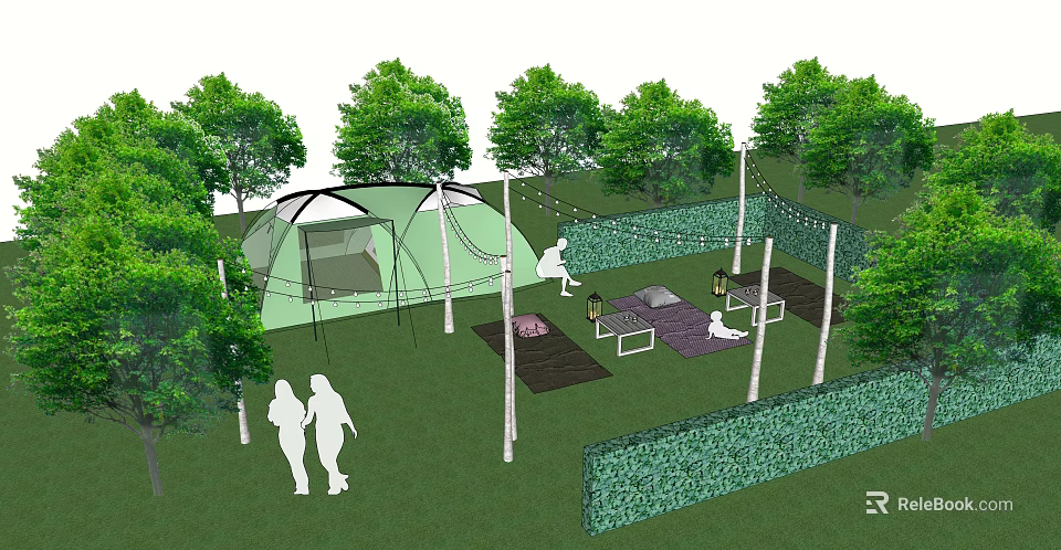 Garden Landscape Featuring Tent Trees Lawn and Outdoor Leisure Area with Lighting 3d model 