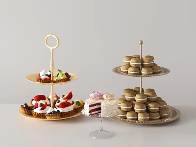Gold Dessert Serving Set With Multi Tiered Stands Displaying Treats 3d model