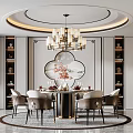 Elegant Restaurant Interior With Round Dining Table Chairs Chandelier And Decorative Painting