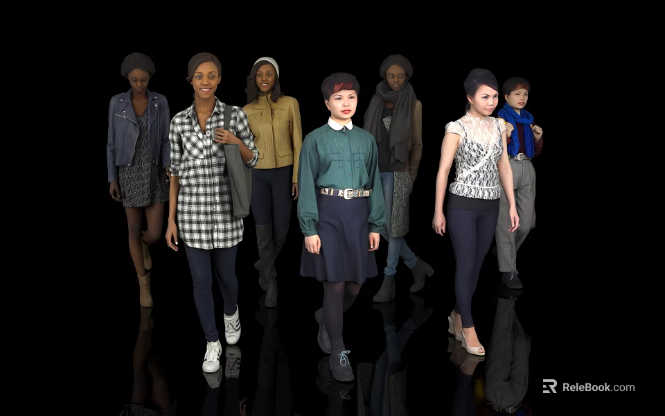 Women Fashion Models Walking in Stylish Outfits on Black Background 3d model 