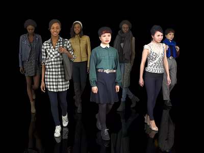 Women Fashion Models Walking in Stylish Outfits on Black Background 3d model
